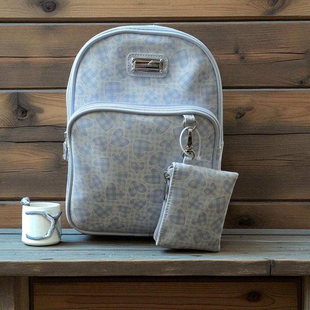Madden Girl Mini Backpack NWT Blue Hearts 9x6x13 w/ Pouch Vinyl Travel Bag